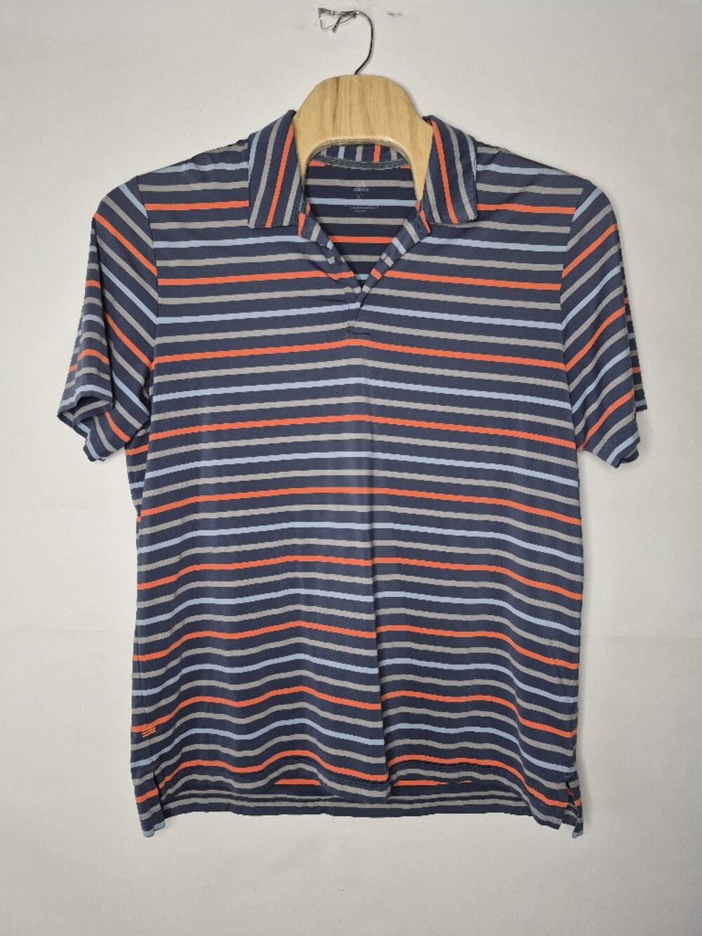 Adidas Mens XL Short Sleeve Stretchy Striped Logo Polo Shirt Blue Gray Orange